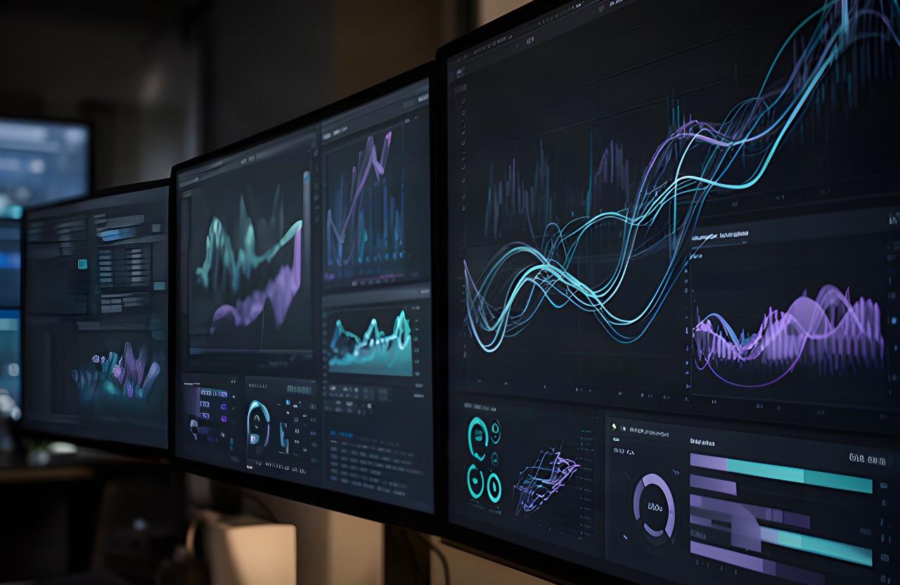 AI analytics dashboard with live business charts on a dark monitor wall
