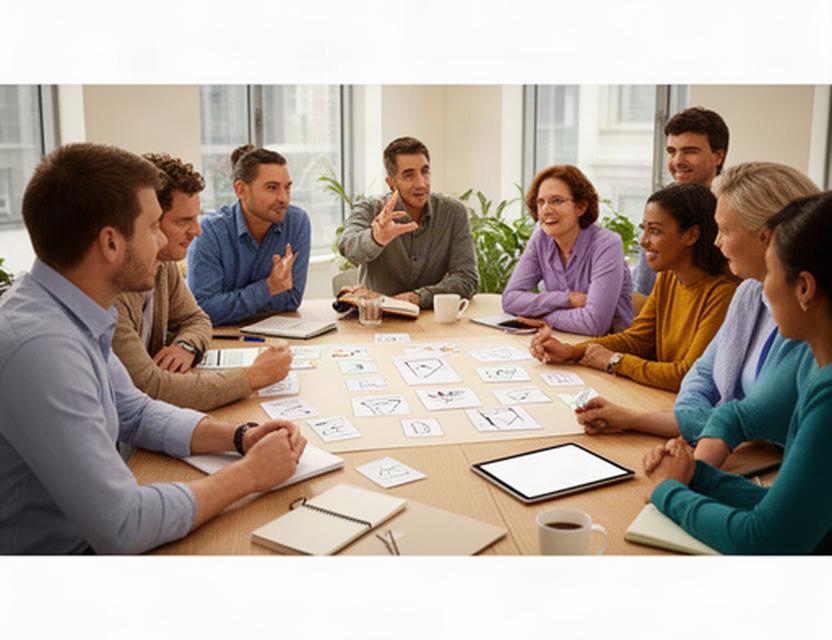 Analytics consultants and business leaders working around a table during a planning session