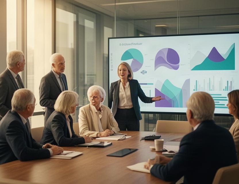 Business leadership team reviewing live analytics during a board meeting