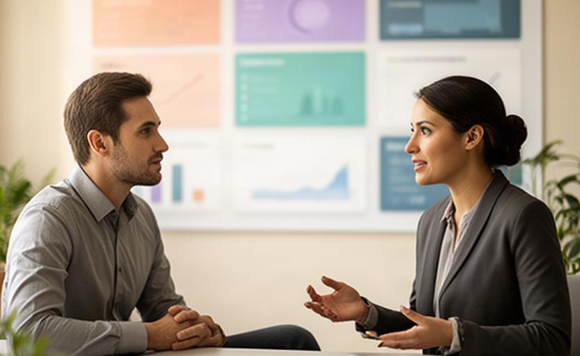 Client speaking with an analytics adviser beside a wall of performance dashboards